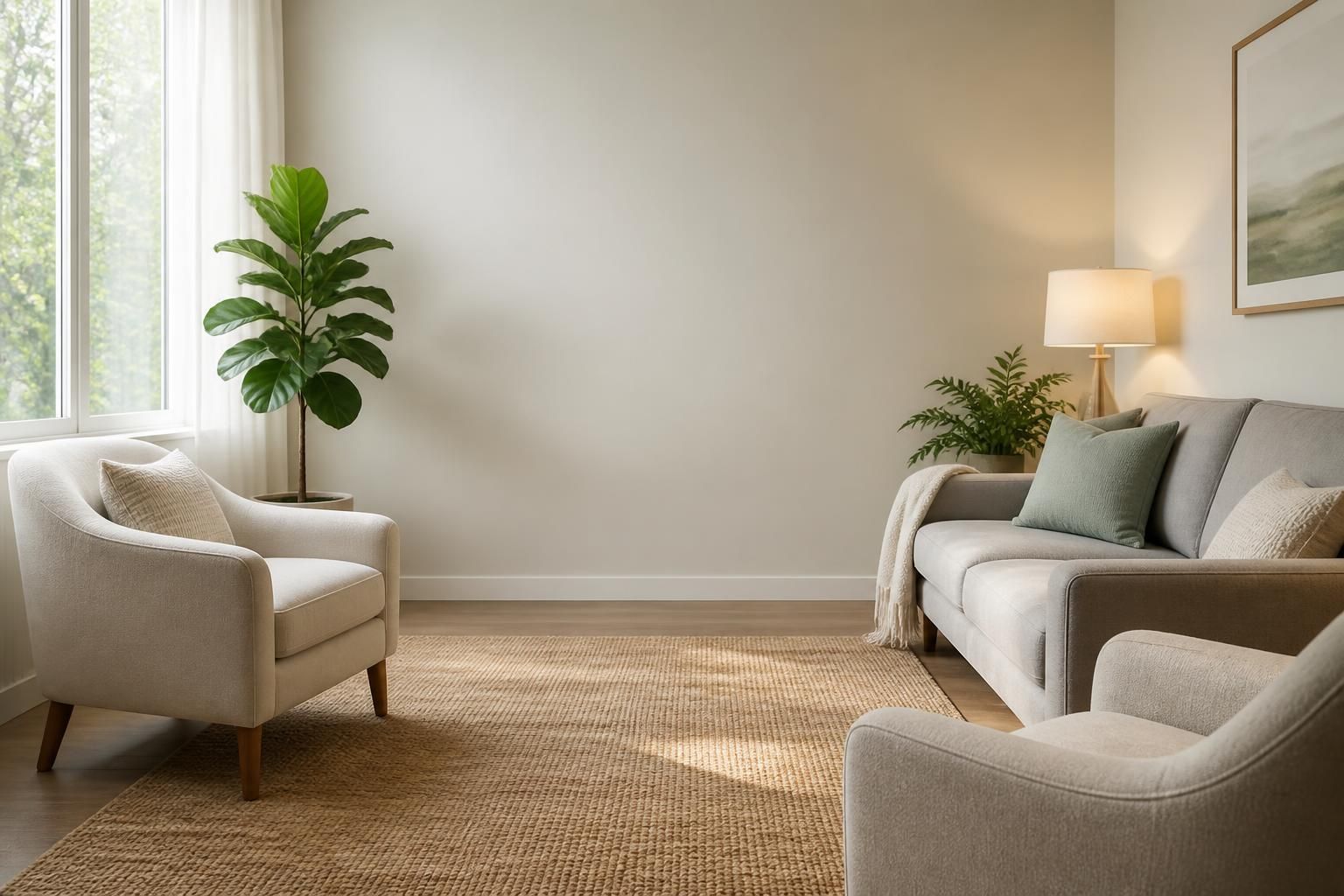 Bright welcoming counseling office with open space for text