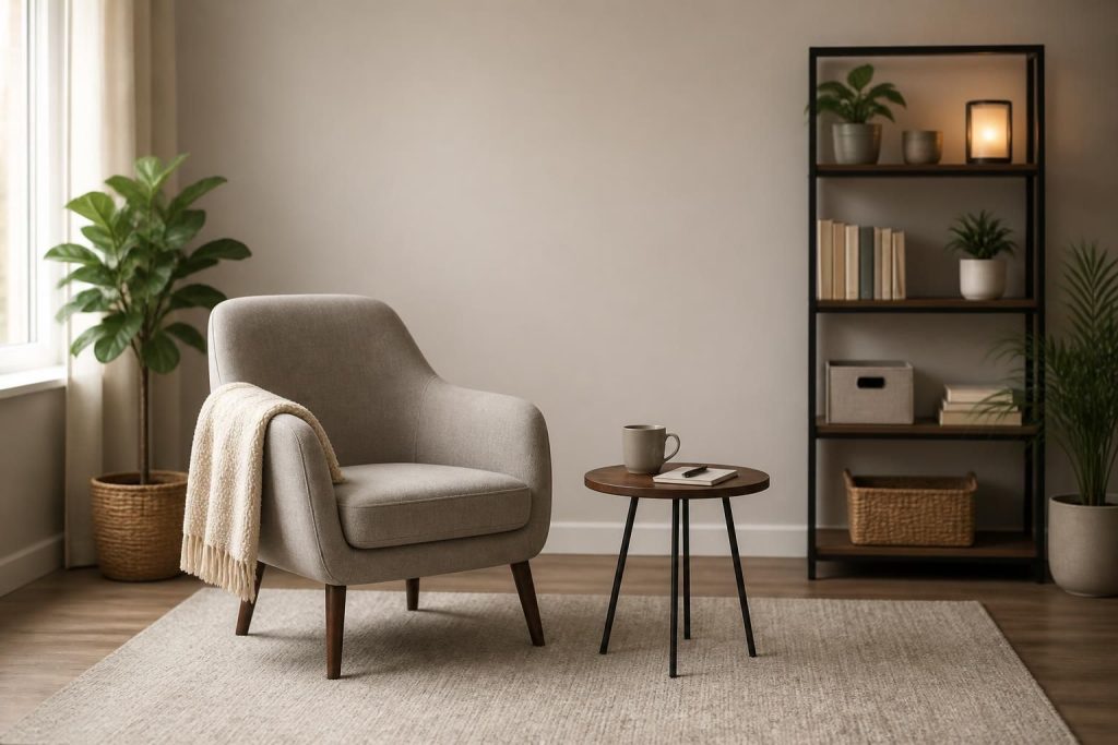 Calm modern counseling space with soft light and neutral decor