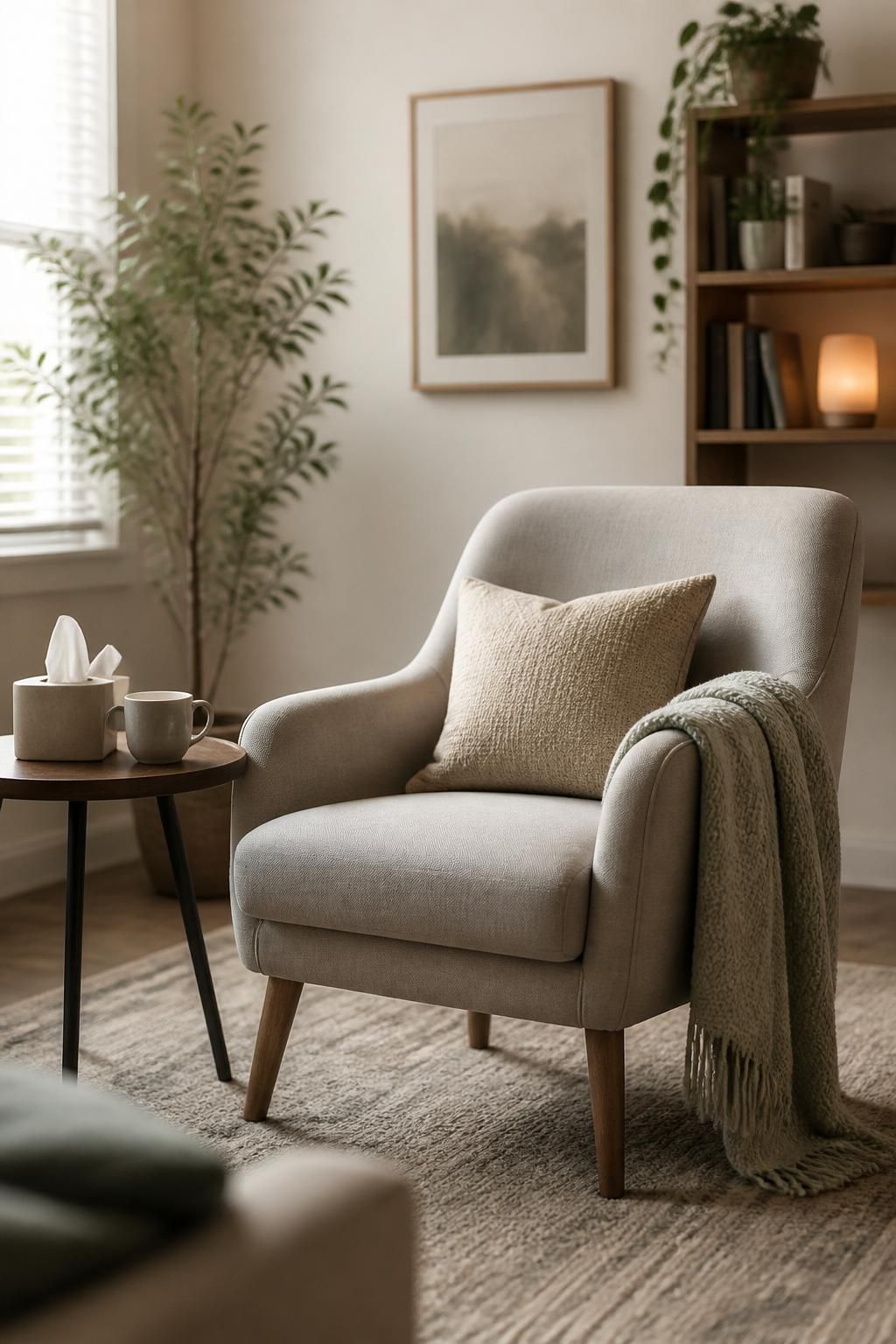 Inviting therapy office with soft textures and natural light